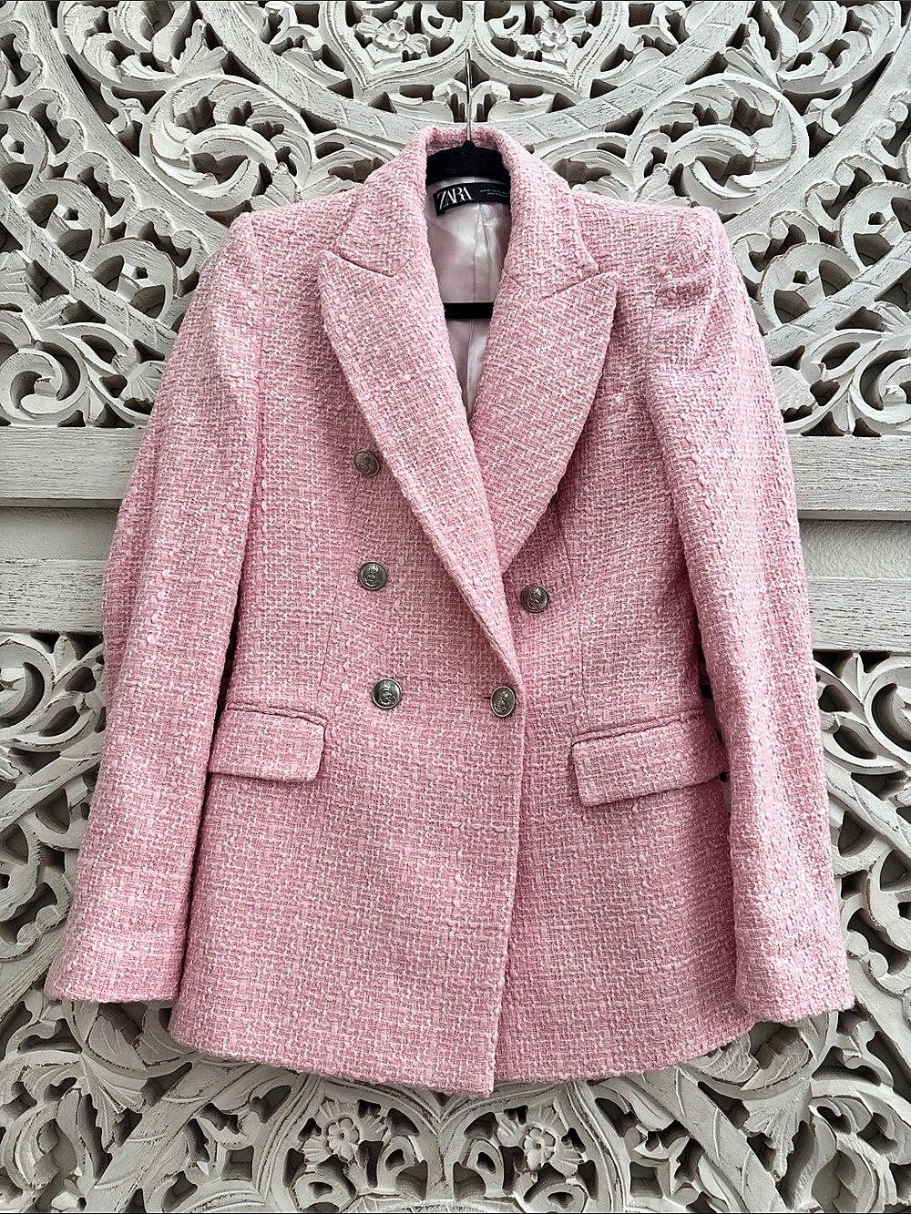 Zara Textured Double-Breasted Blazer Pink Blazer